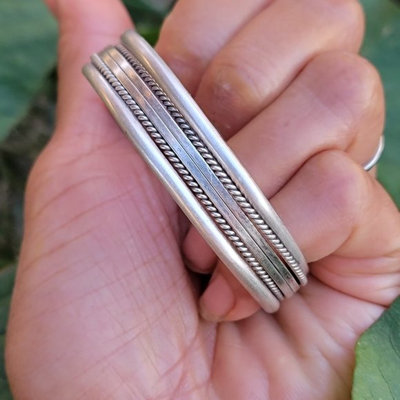 Native American smooth band + rope border + split band five shank 925 sterling - Picture 1 of 13